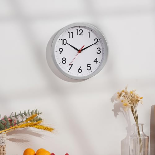 Image of AKCISOT Wall Clock, Modern Small Wall Clocks Battery Operated 8 Inch, Silent Non-Ticking Analog Classic for Office, Home, Bathroom, Kitchen, Bedroom, School(Silver)