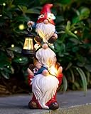 Garden Gnome Statue with Solar Lights Garden Sculptures Funny Triple Gnome Outdoor Patio Lawn Yard Balcony Garden Home Decor Birthday Gifts for Women Mom Grandma 12 in Fall Gnome