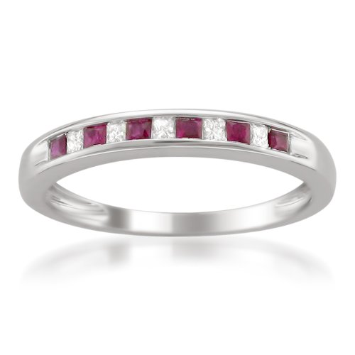 La4ve Diamonds 14k White Gold Princess-Cut Diamond and Red Ruby Wedding Band Ring (1/3 cttw, H-I, I1-I2), Size 7