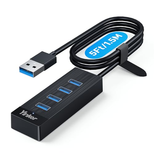 Image of 4 Port USB 3.0 Hub 5FT Long Cable, USB Extension Data Cable USB Dock Extender for Desktop PC Laptop, 5Gbps with 5V USB-C Power Supply