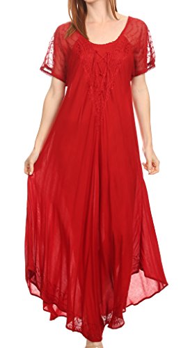 Sakkas 16602 - Shasta Lace Embroidered Cap Sleeves Long Caftan Dress/Cover Up - Red - OS