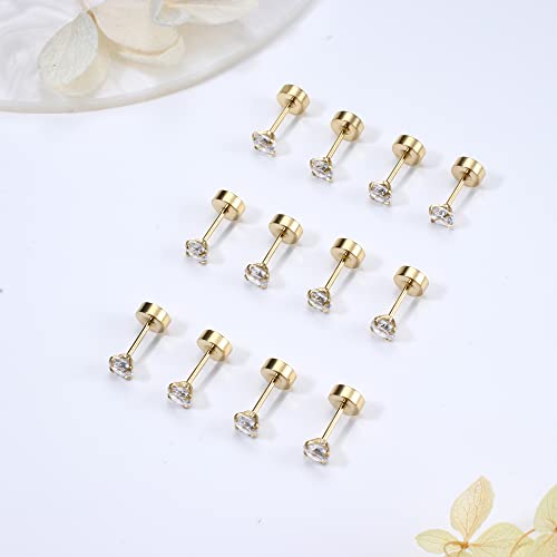 Cassieca 6 Pairs 20G Cartilage Earring Stud For Women Men 316L Surgical Steel Flat Back Earrings Set, 4Mm Round Cz Barbell Stud Earrings For Cartilage Tragus Helix Piercing Jewelry #TOP7