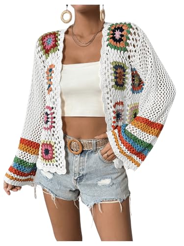 Image of SHENHE Women's Floral Crochet Cardigan Hollow Out Open Front Long Sleeve Cardigan Sweater