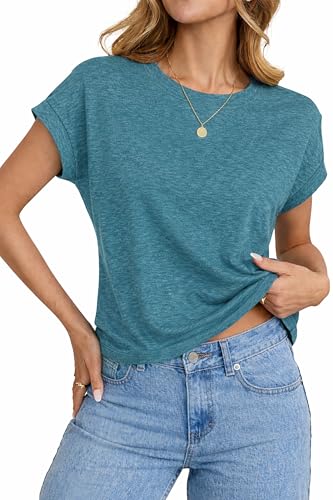 Ryhula Damen Sommer T Shirt Kurzarm Rundhals Basic Oberteil Locker Leichtes Top für Sommer Türkis M 38-40