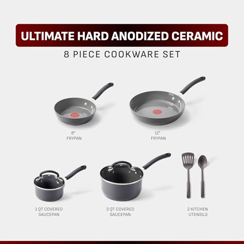 Image of T-Fal Ultimate Hard Anodized Ceramic Nonstick 8 Piece Cookware Set, Oven Safe Up to 400F, Dishwasher Safe, Pots and Pans Set, Includes Frying Pans, Saucepan, Cooking Utensils, Stone