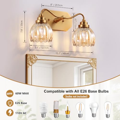 Image of Vintage Gold 2-Light Vanity Lights, Tulip Crystal, Antique Brass Finish | Brushed Gold Bathroom Light Fixtures, Amber Wall Sconce Ideal for Bedroom, Living Room, E26 Compatible, Easy Install
