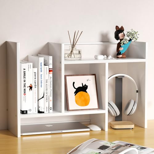 FNBAR Desk Shelves Wood Desktop Orgnizer Shelf. Office Organization for Top of Desk Organizers and Accessories Bookshelf Shelving,Adjustable Tier H-Shape Mini Bookcase(White)