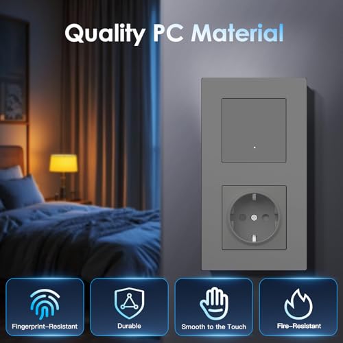 BSEED Normal Steckdose mit Smart Lichtschalter(Neutralleiter Erforderlich), Wlan Schalter Unterputz Kompatibel mit Alexa und Google Home, Taster Schalter 1 Fach 1 Weg mit PC Rahmen, Grau