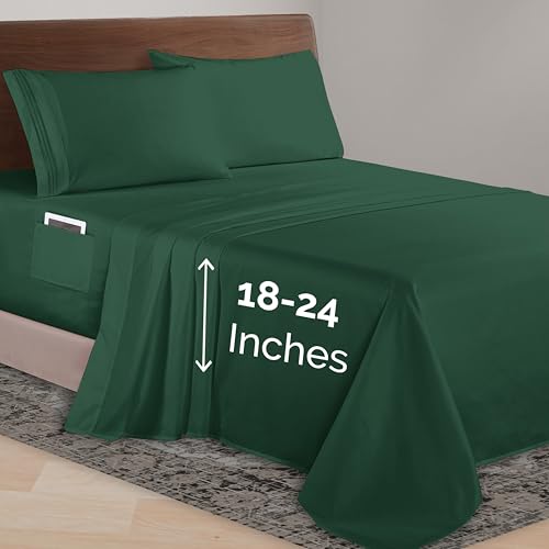 Elegant Comfort Luxurious 1500 Premium Hotel Quality Microfiber 4-Piece Sheet Set, 18-24 Inches Deep - Extra Deep Pocket Sheets - Ultra Soft 4PC Deep Pocket Sheets, Queen, Hunter Green