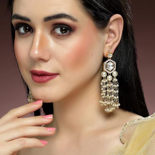 Image of Karatcart Gold Plated Designer Polki Kundan Drop Earrings for Women