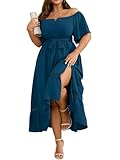 RWJ Women's Plus Size Dress for Cocktail Wedding Guest Formal V Neck Off The Shoulder Maxi Dress with Belt Lake Blue XL