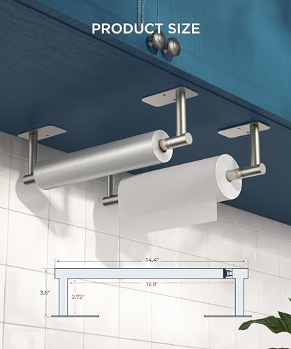 Image of FORIOUS Paper Towel Holder Under Cabinet, Wall Mount or Self Adhesive Pivoting Commercial Towel Paper Roll Holder Dispenser Stick On Bar Sinks, Brushed Nickel