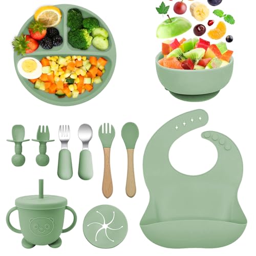 Bizcasa Coffret Repas Bebe Silicone,11 Pièces Assiette Ventouse pour Bébé Assiettes,Couverts pour Enfants Sans...