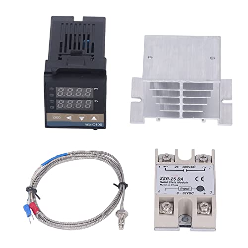PID Temperature Controllers Kit, 1m M6 Inch Thermocouple Heat Sink and Relay, Controller Digital Kit for Thermostat Type (25A)