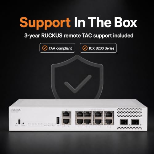 Image of Ruckus ICX8200-C08ZP Managed Switch, 4x 2.5G Multigigabit PoE++ and 4x 1 /2.5 /5 /10G Multigigabit PoE++, 2x 25GbE SFP28 Uplinks, 240W Power Budget - Stackable Enterprise Switch - ICX8200-C08ZP