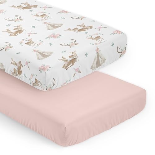 Image of Sweet Jojo Designs Woodland Deer Floral Girl Baby Fitted Crib Sheet Set Infant Newborn Nursery Toddler Bed Room Standard Mattress 2p Pink Green Taupe Boho Bohemian Watercolor Forest Animal Shabby Chic