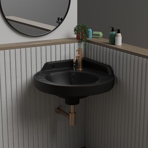 Image of REMOTION Ceramic Wall Hung Corner Wash Basin for Bathroom | Wall Mounted Corner Sink | Space-Saving, Durable & Stylish Design (17 x 15 x 7.5 Inch) (Black)