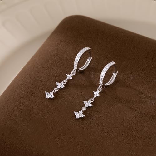 Reffeer Solid 925 Sterling Silver CZ Star Chain Dangle Earrings for Women Teen Girls Chain Drop Hoop Earrings4
