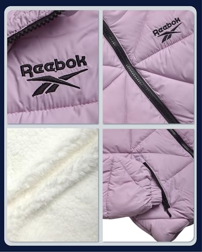 Image of Reebok Girls Heavyweight Quilted Cropped Puffer Parka with Sherpa Lining | Plush Faux-Fur Trim, Wind-Blocking Hood, Deep Pockets for Warm Hands, Modern Silhouette for School and Cold Days