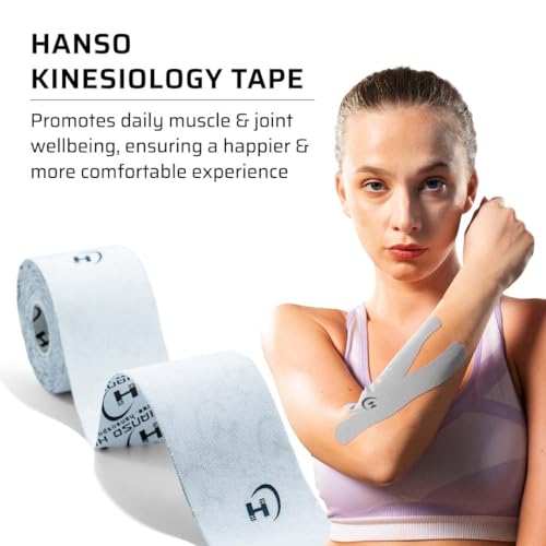 Image of HANSO Classic Plus Kinesiology Tape Premium Cotton Blend | Tape for Physiotherapy, Sports Injuries, Pain Relief, Muscle Support (White)