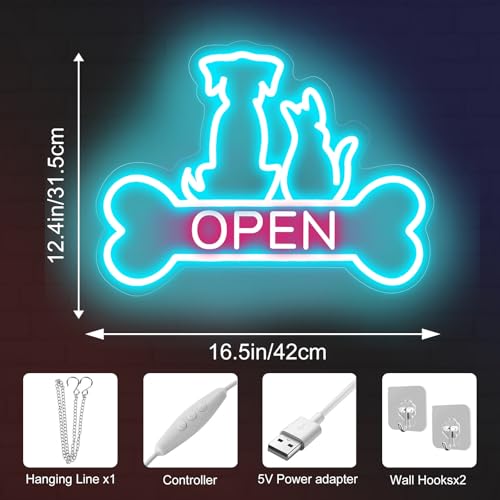 Image of Pet Shop Open Neon Sign Cute Dog And Cat Open LED Light | Bright Pet Grooming Salon Light Animal Shelter Storefront Decor Vet Clinic Window Decor, Ice Blue+Light Pink, 16.5 inchx12.4 inch