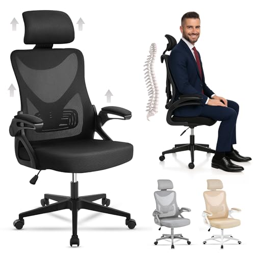 EveryKip® Silla Escritorio Ergonomica Ajustable con Reposabrazos Beige| Ruedas Anti-Arañazos | Sillas Uso Domestico con Reposacabezas | (Negro)