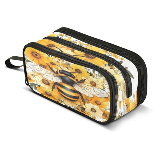 Image of ALAZA Yellow Daisy Bee Bumblebees Pencil Case for Boys Girls Kids Pencil Pouch 3 Compartment Pen Bag Large Capacity Storage Pencil Holder School Students with Zipper