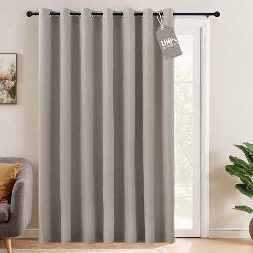 NICETOWN Linen Blackout Curtain 100 inches, Thick Textured Linen Look 100% Blackout Patio Door Curtain Grommet Top, Extra Wide Therma Insulated Privac