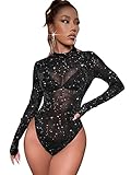 SweatyRocks Women's Mock Neck Leopard Long Sleeve Mesh Bodysuit Leotard Glitter Black L