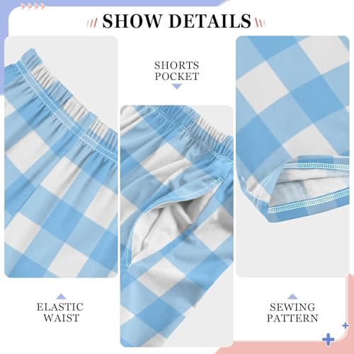 Blue and White Plaid Boys Long Pants Soft Trousers Elastic Waist Kids Lounge Bottoms with Pockets S-XL4