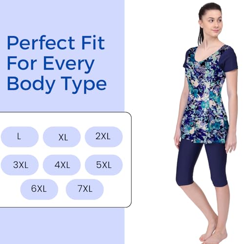 Image of Originals Swimming Costume for Women's One-Piece Beach Wear with Sleeve & Skirted 3 /4 Leggings Maximum Covered Swim Wear Dress (L - 7XL)