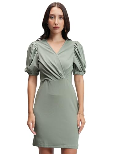 Image of Tokyo Talkies Womens Chic Sheath Mini Dress | Puff Short Sleeves for A Modern Elegance Sheath | Mini Length | Figure-Hugging Silhouette | Dress for Women | Women Dress | Stylish Women Dress