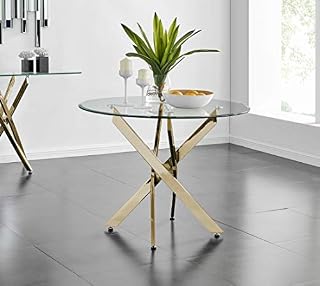 Furniturebox UK Round Dining Table - Novara Modern Dining Table With Gold Chrome Legs - Elegant & Practical Glass Dining Table (Dining Table Only)