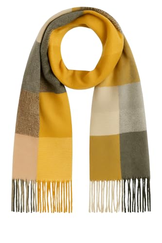 Bufanda de Invierno Elegante, Diseño Cuadros Geométricos, Multicolor Verde y Mostaza, 180x70cm, con Flecos, Tejido Suave y Cálido para Mujer (Mostaza)
