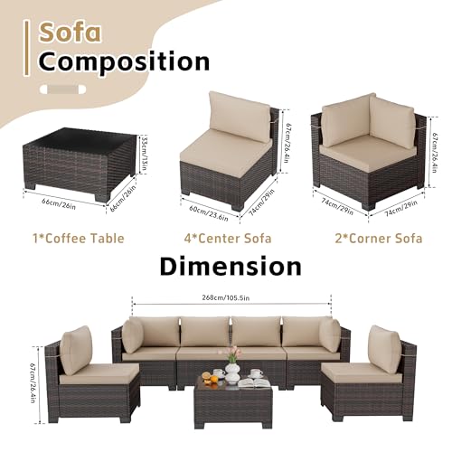LEVELEVE 7 Pieces Outdoor Patio Furniture Sets,Rattan Conversation Sectional Set,Manual Weaving Wicker Patio Sofa with Tea Table - Image 5