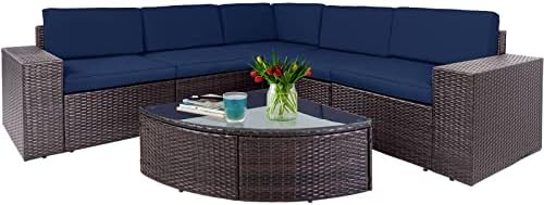 SOLAURA Outdoor Patio Furniture Set 6-Piece Brown Wicker Conversation Sets Modular Sectional Sofa Set with Glass Coffee Table (Navy Blue)