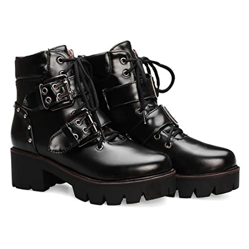 VOKLIN Women's Fashion Buckle Lace Up Dressy Ankle Boots Round Toe Platform Chunky Mid Heel Combat Short Bootie2