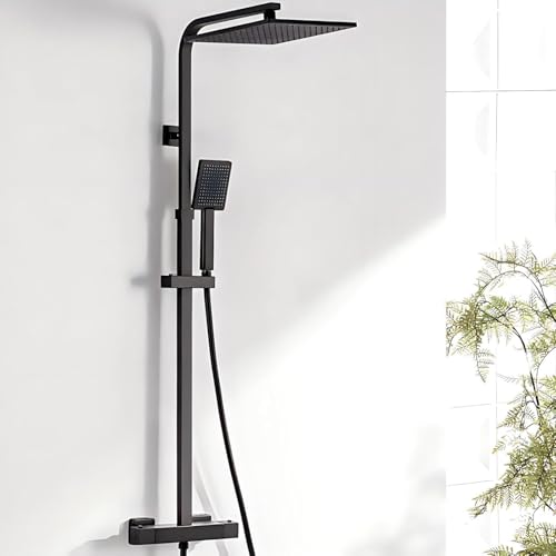 Auralum Columna Ducha Negra con Grifo Ducha Termostatico de Latón y Rociador Ducha Cuadrado 254x254mm, Alcachofa de Ducha 85x85mm, Columna Altura Adjustable entre 818 1248mm