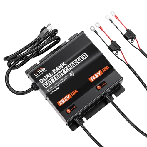 LiTime 2-Bank(29.2V 10A & 14.6V 10A) Lithium Battery Charger for 24V(25.6V)/12V(12.8V) LiFePO4 Battery, AC-DC Smart Charger with IP65 Waterproof, LED Indicator for Boat, Golf Cart, RV and Home