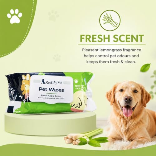 Image of Barkz & Mewz Smarty Pet Wet Wipes for Dogs Puppies Cats Lemongrass Fragrance 300 Count Pack of 3 x 100 Pet Grooming Cleaning Wipes Gentle Deodorizing Safe Daily Use