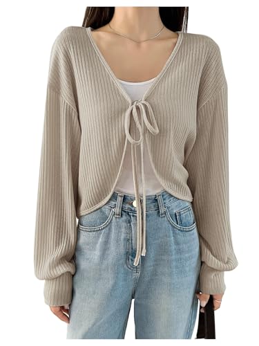 SHENHE Women's Ribbed Tie Front Oversized Cardigan Open Front V Neck Spring Fall Knit Sweater