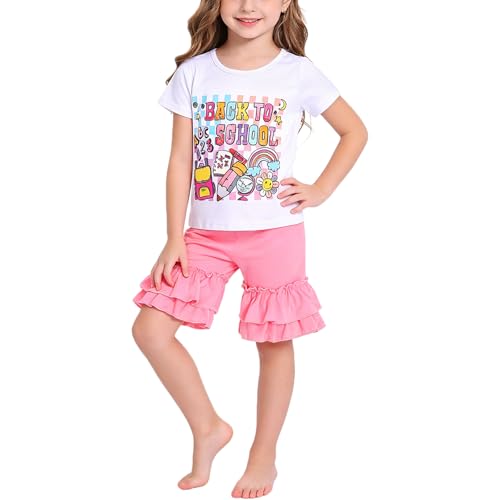 Image of Toddler Girls Back to School Pencil Outfits Set Ruffle T-Shirt Dress and Pants Outfit Set 3-8Years