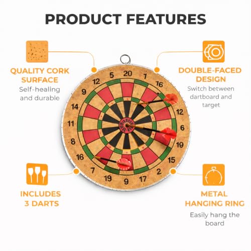 Image of Leosportz Dart Board 14 Inches | Double-Sided Wooden Dartboard with Cork Surface | Steel Tip Darts Included | Indoor & Outdoor Dart Game for Kids & Adults (Wodden Board, 14 inch)