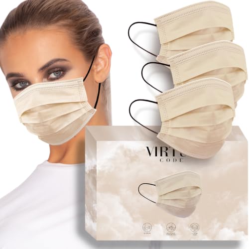 Image of VIRTUE CODE Beige Support Face Masks - Soft 3 Ply Comfort Colorful Disposable Face Mask 50 Pack. Adults Mens and Womens Disposable