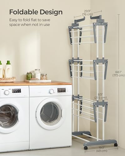 Image of SONGMICS Clothes Drying Rack Stand 4-Tier, Foldable Laundry Drying Rack 68.1-Inch Tall, Steel, Rolling Clothes Horses Dryer Rack, Easy to Assemble, Indoor Outdoor Use, White ULLR701W01 | Indoor Outdoor Use, Rolling Clothes Horses Dryer Rack, White ULLR701W01