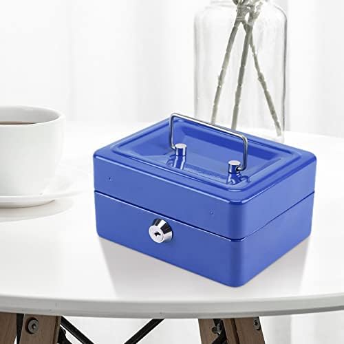 Shoze Small Cash Box 15 x 12 x 7.5cm Lockable Portable Metal Money Box With Lock Cash Safe Box Petty Cash Tin for Kids Shop Office Home(Blue)