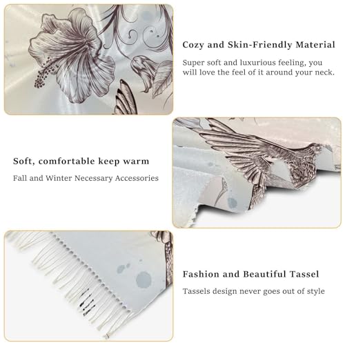 VIGTRO Hummingbirds Flowers Vintage Pashmina Shawl Wrap for Women and Men, Sketch Floral Soft Winter Warm Scarf with Tassels for Evening Dress4