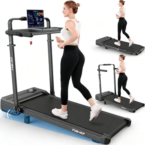 Tapis de Course Pliable Inclinable avec Bureau, Tapis de Marche Inclinaison 9%, avec Barre, Capacité 136 kg+, Bureau Réglable en Hauteur et Amovible,...