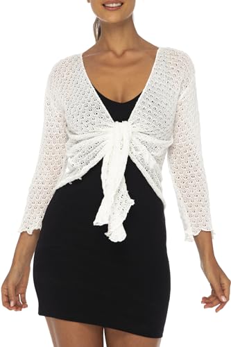 Back From Bali Womens 100% Cotton Shrug Tie Front Cardigan Lightweight Soft Knit 3/4 Sleeve Open Front Sweater