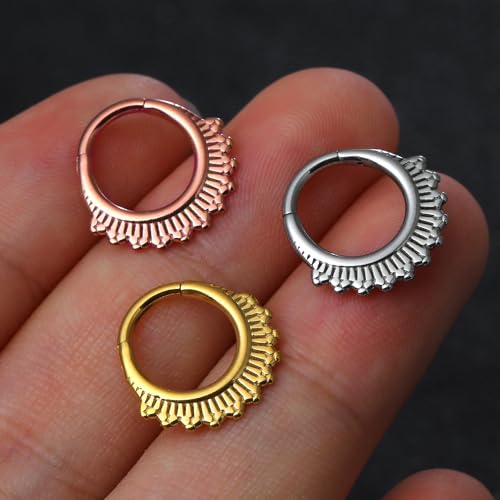 MOQIKAKA 16G 8mm Floral Gold Nose Rings Hoops, Surgical Steel Septum Rings Hoops, Hinged Segment Nose Lips Helix Cartilage Clicker Hoop Earrings for Rook Daith Tragus Piercing Rings by MOQIKAKA - Used condition - Image 8
